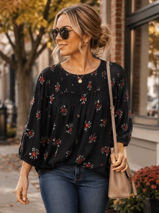 J. Jill Tops - J. Jill Black Floral Smocked Yoke Top with Red Blooms -PXL